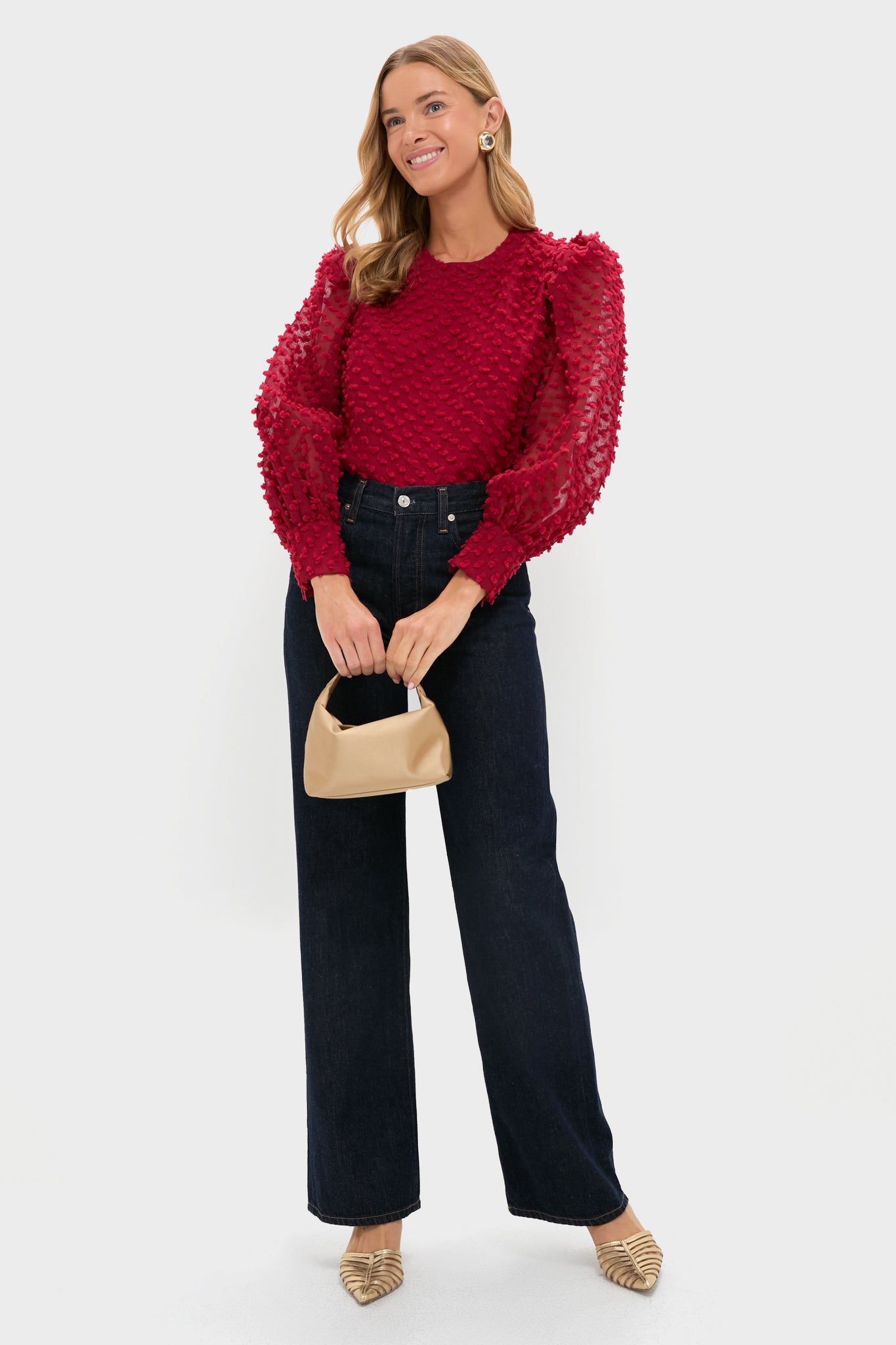 Red Textured Long Sleeve Harriet Blouse