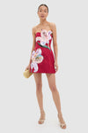 Burgundy Lily Print Rosario Applique Floral Bustier Mini Dress