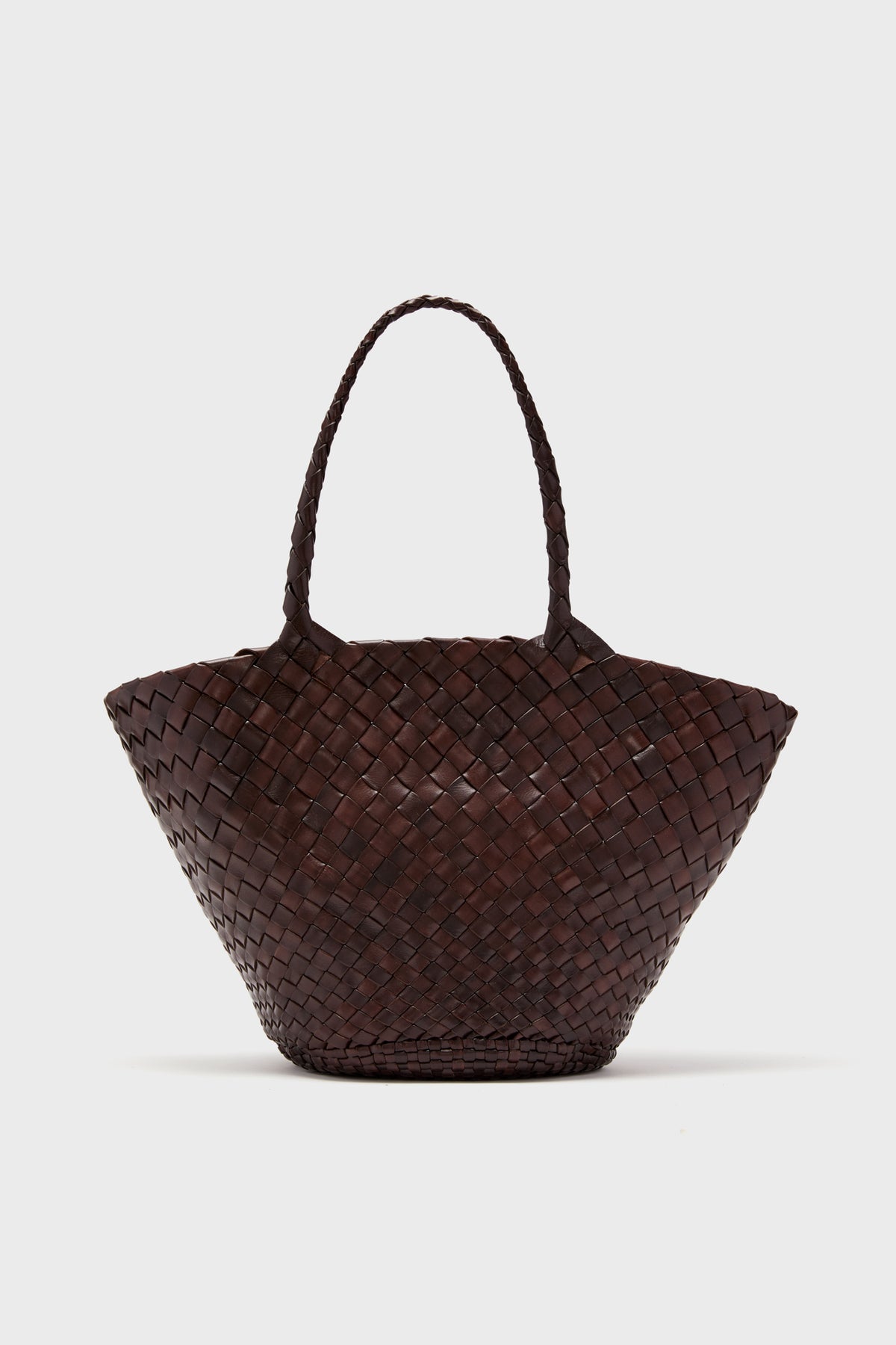 Dark brown hand-crafted woven leather Egola Bag by Dragon Diffusion, featuring two handles and made in India.