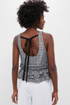 Black Crinkled Taffeta Check Open Back Frill Top