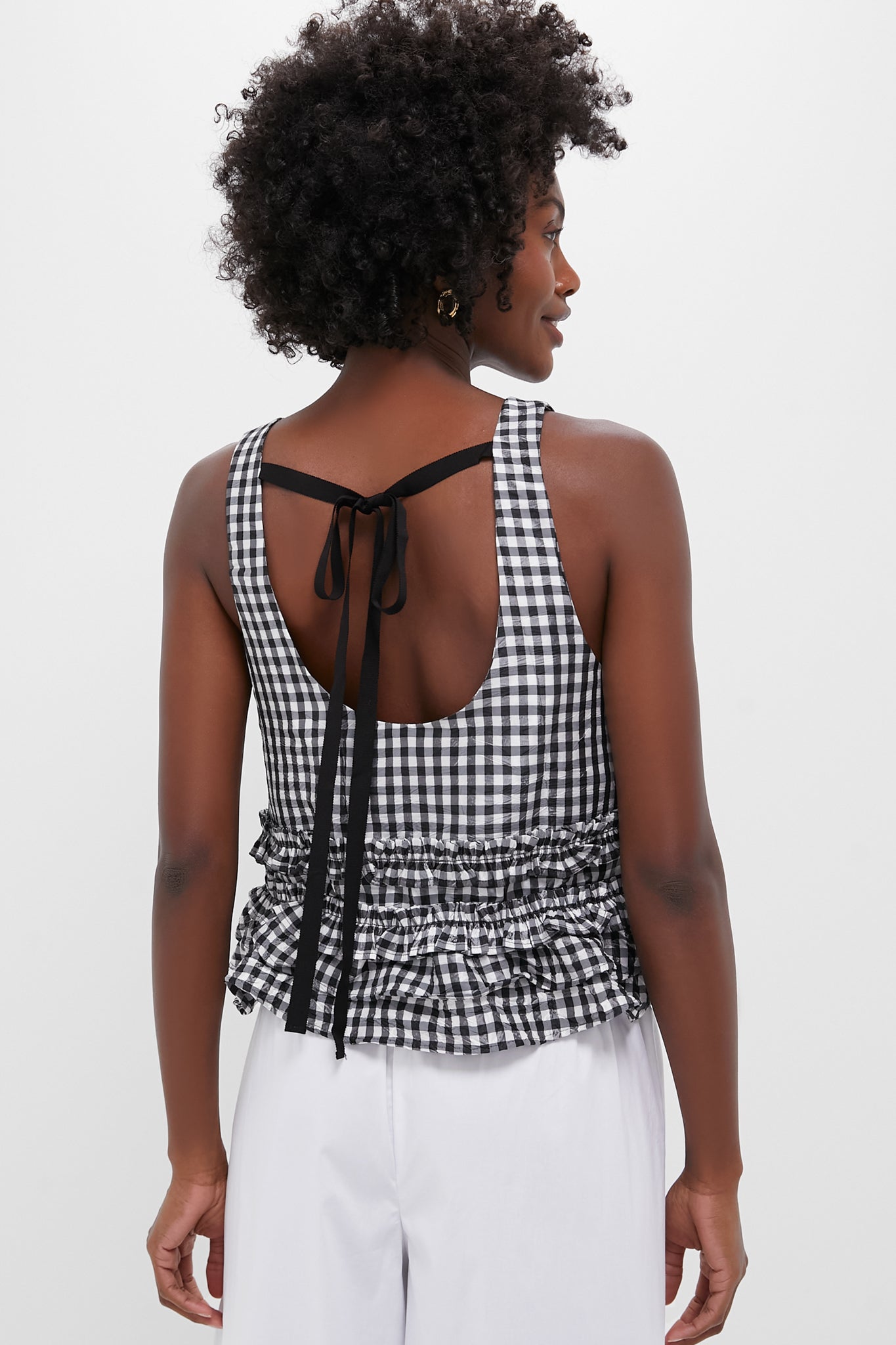 Black Crinkled Taffeta Check Open Back Frill Top
