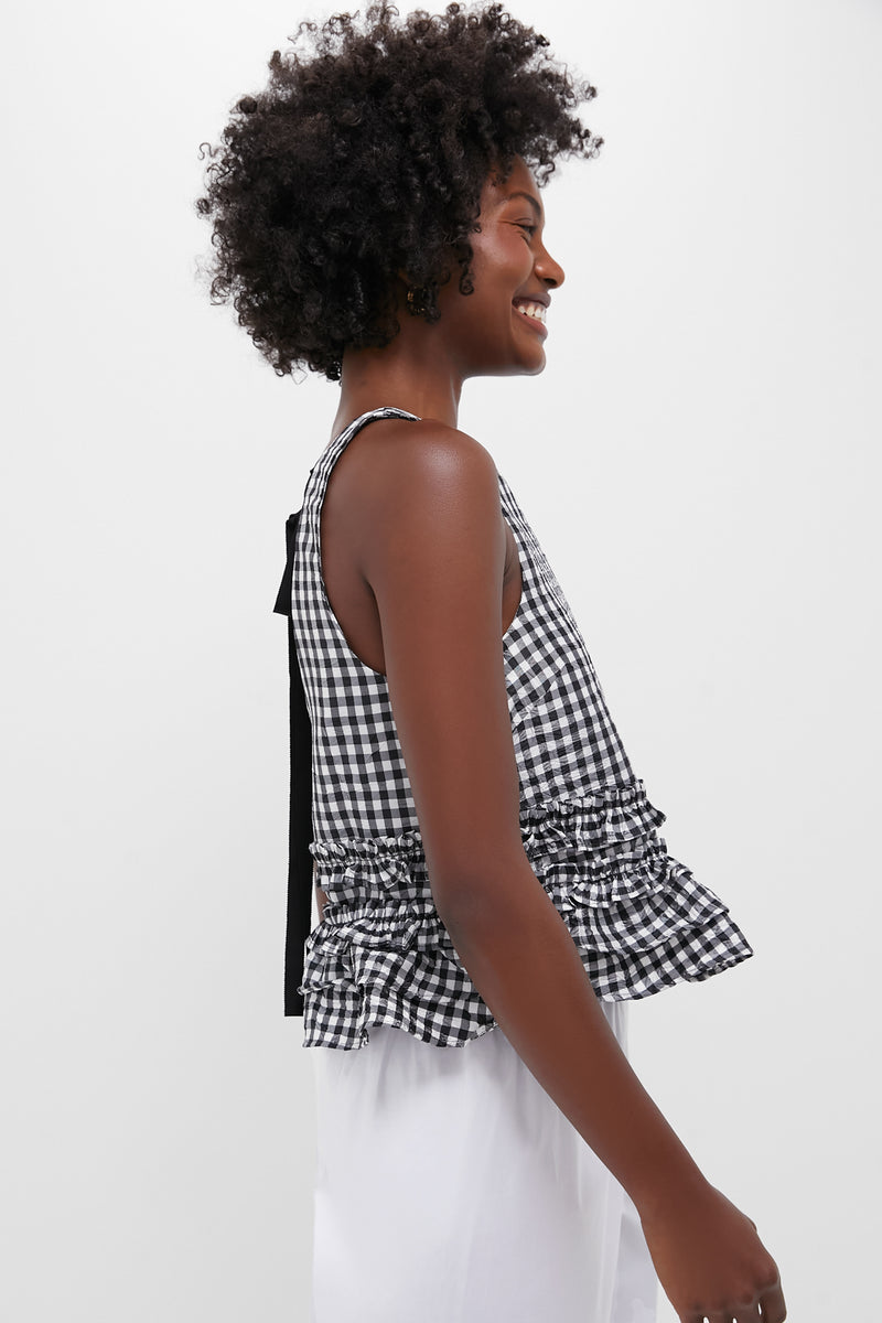 Black Crinkled Taffeta Check Open Back Frill Top