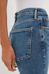 A close-up side view shows a person wearing AGOLDE blue straight leg jeans and a white top, with emphasis on the back pocket detail.