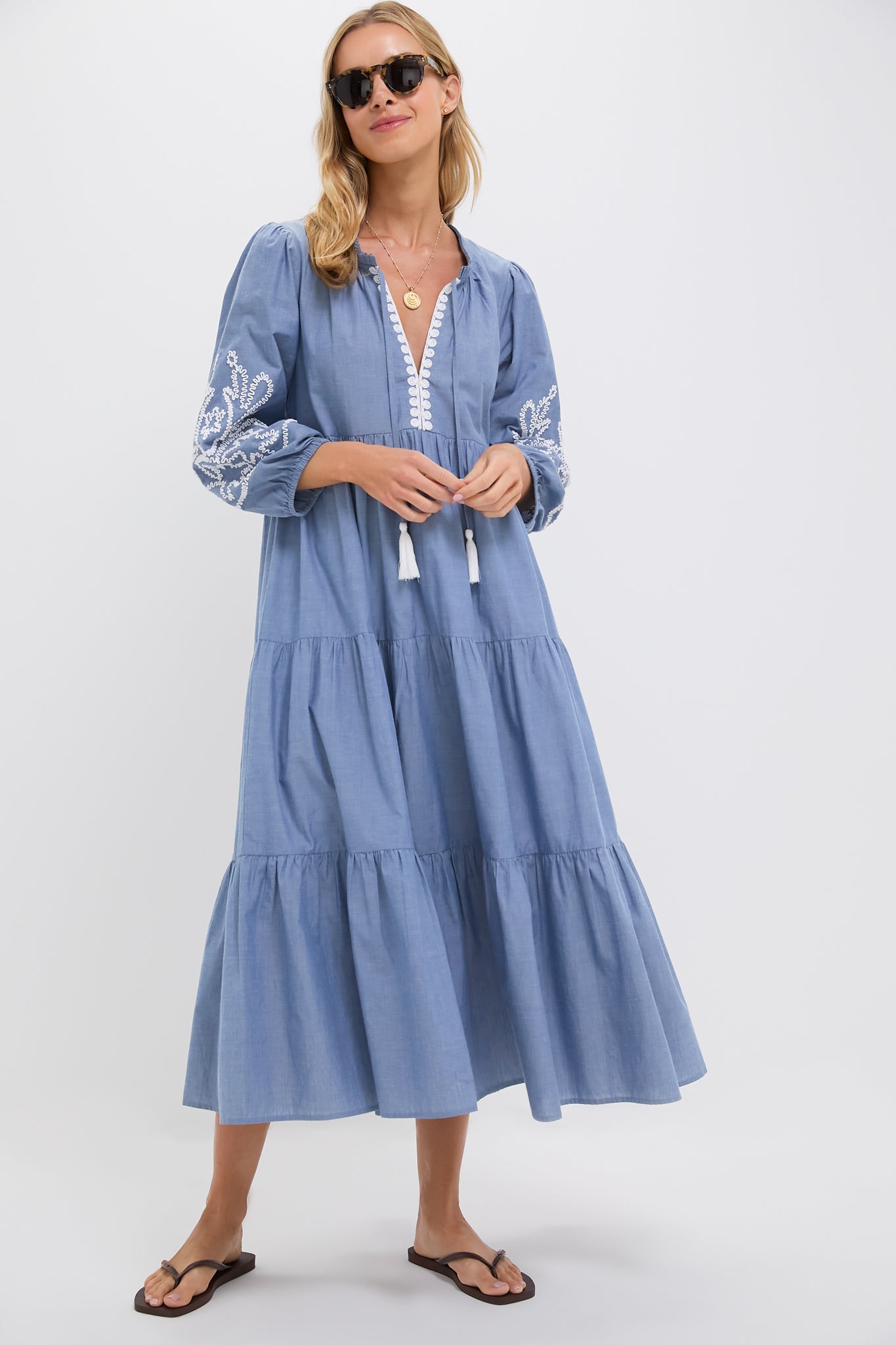  Embroidered Chambray Long Sleeve Salty Paloma Caftan