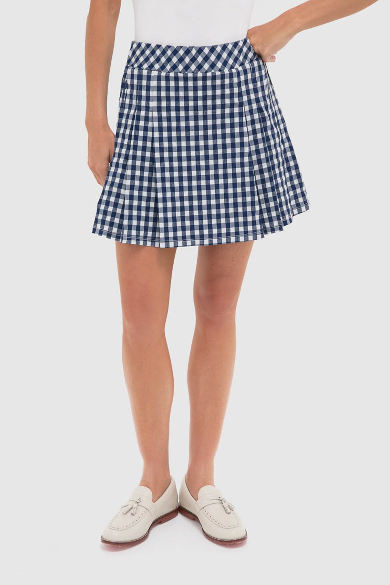 Navy Gingham 16 Inch Performance Seersucker Park Golf Skirt