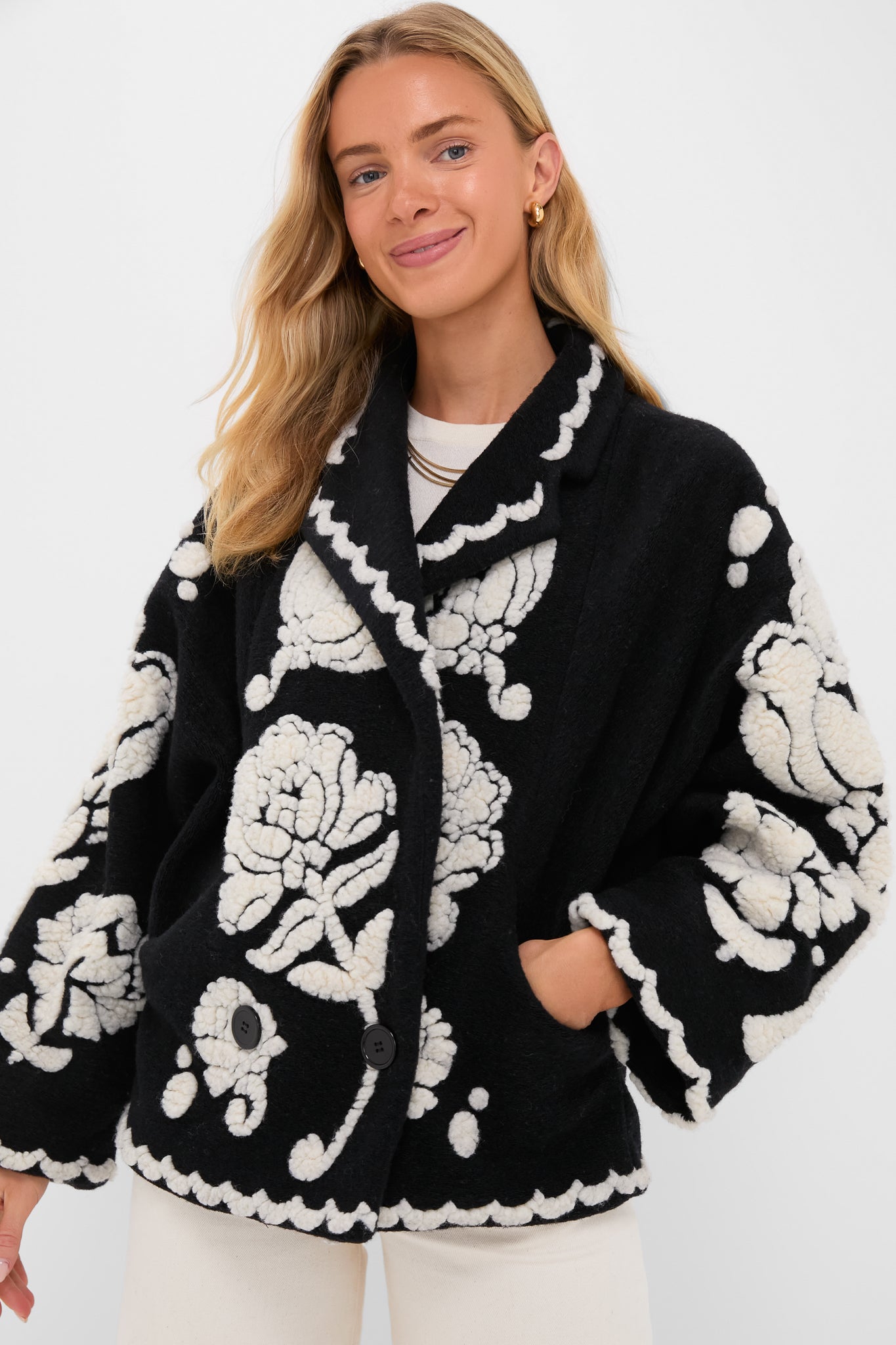 Black Cream Floral Arabesque Fleece Coat | Farm Rio