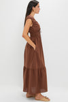 Chestnut Brown Hedda Maxi Dress: A classic, effortless silhouette featuring a tiered skirt, elasticized waist, and drawstring V-neck, paired with chic sandals for a high-end, fun look.
