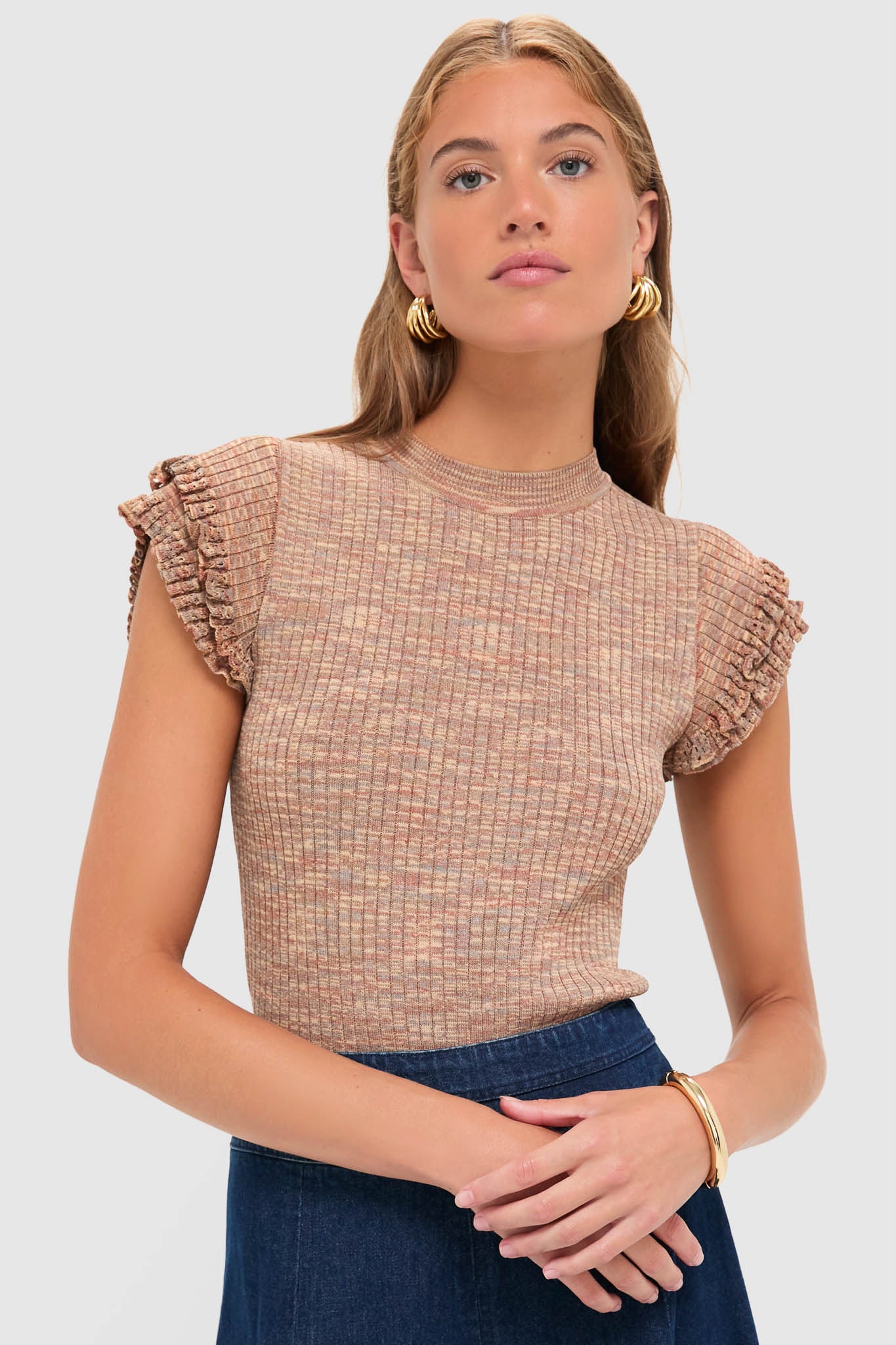 Brown Rowe Crewneck Flutter Sleeve Knit Top