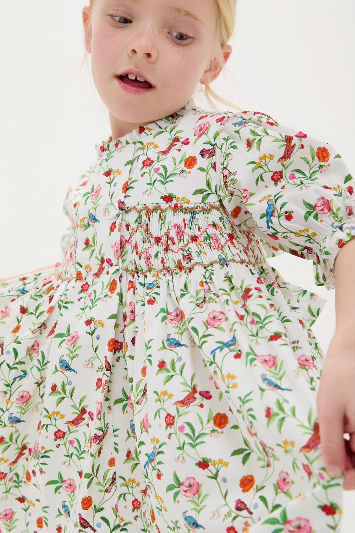 Ivory Bird Floral Carla Hand-Smocked Girls Dress