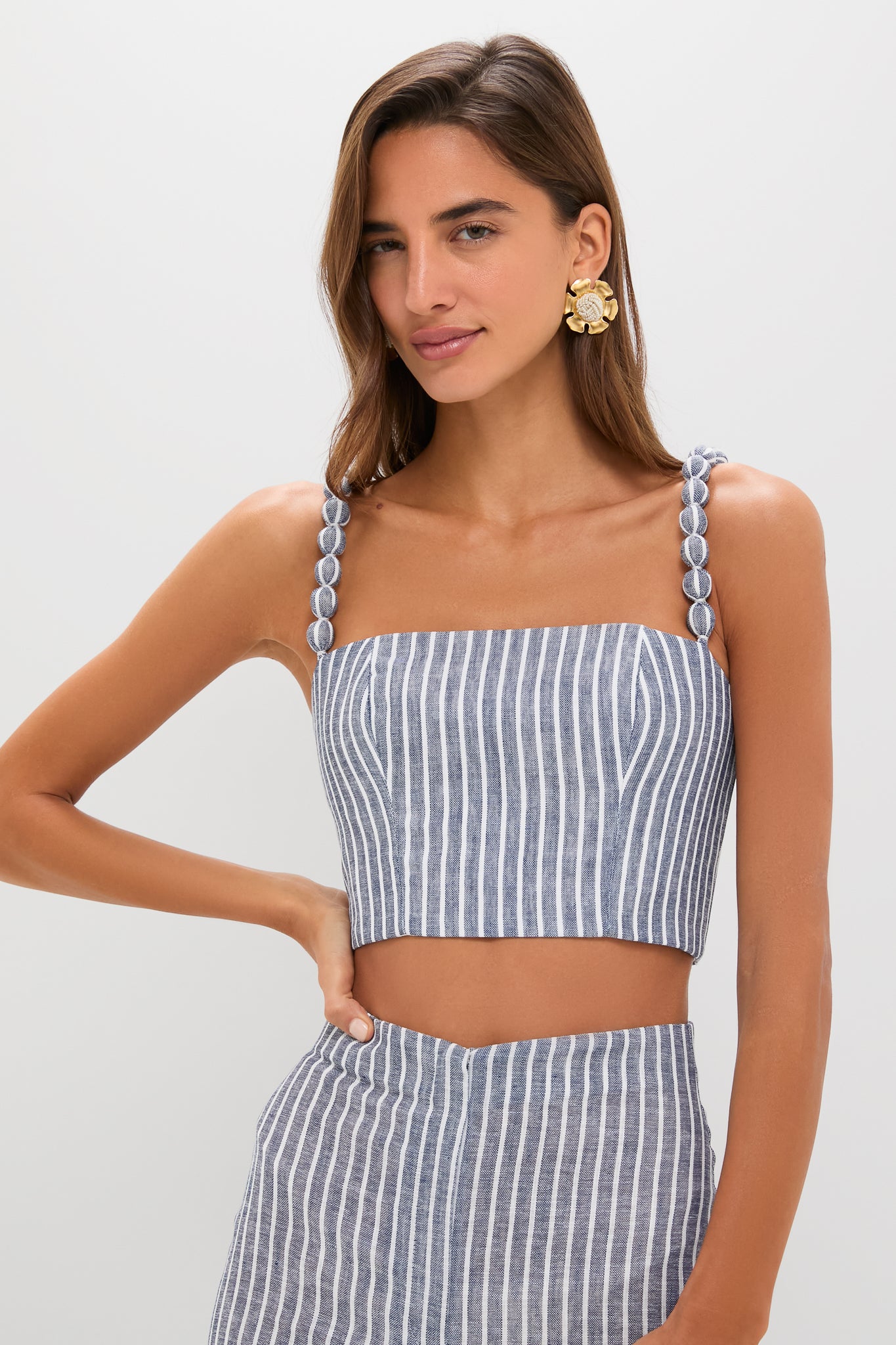 White and Blue Stripes Esperame Embellished Top
