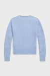 A light blue, long-sleeve, cable-knit cotton cardigan by Polo Ralph Lauren is shown flat from the back—ideal for a classic look.