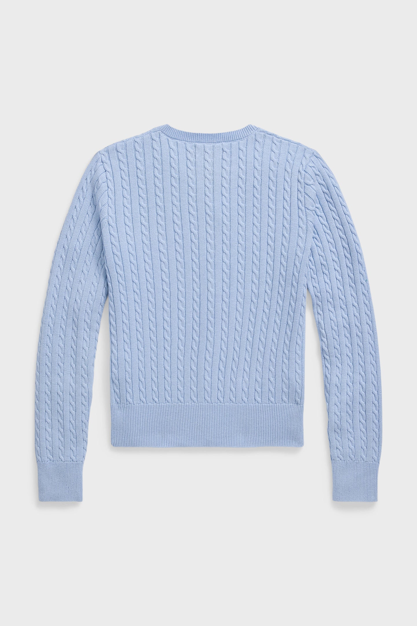 A light blue, long-sleeve, cable-knit cotton cardigan by Polo Ralph Lauren is shown flat from the back—ideal for a classic look.