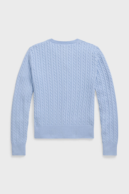 A light blue, long-sleeve, cable-knit cotton cardigan by Polo Ralph Lauren is shown flat from the back—ideal for a classic look.