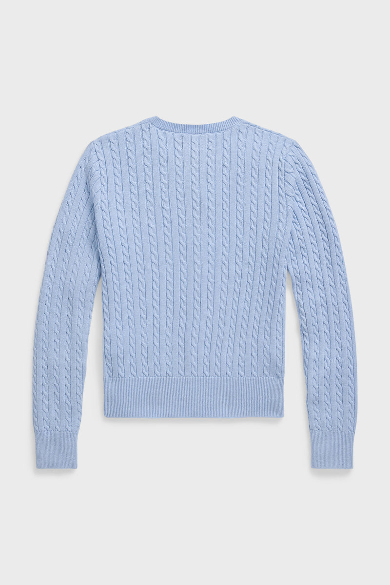 A light blue, long-sleeve, cable-knit cotton cardigan by Polo Ralph Lauren is shown flat from the back—ideal for a classic look.