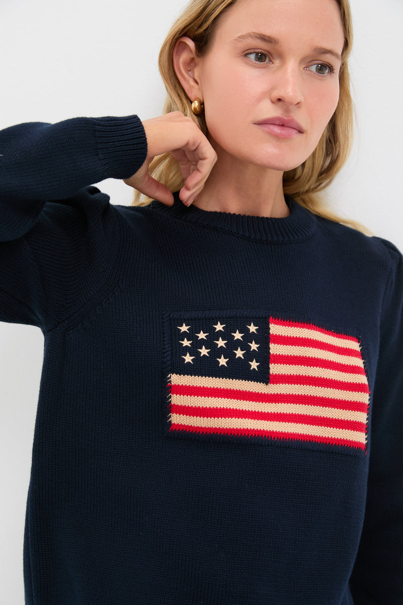 Navy Cropped Cotton Puff Sleeve Americana