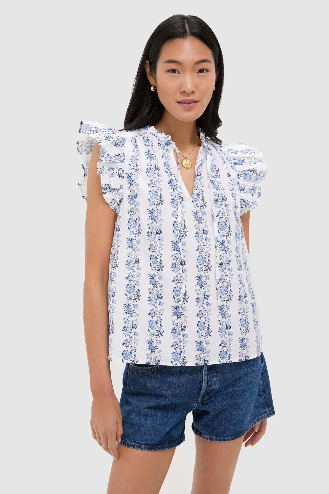 Bella Floral White Ruffle Sleeve Popover