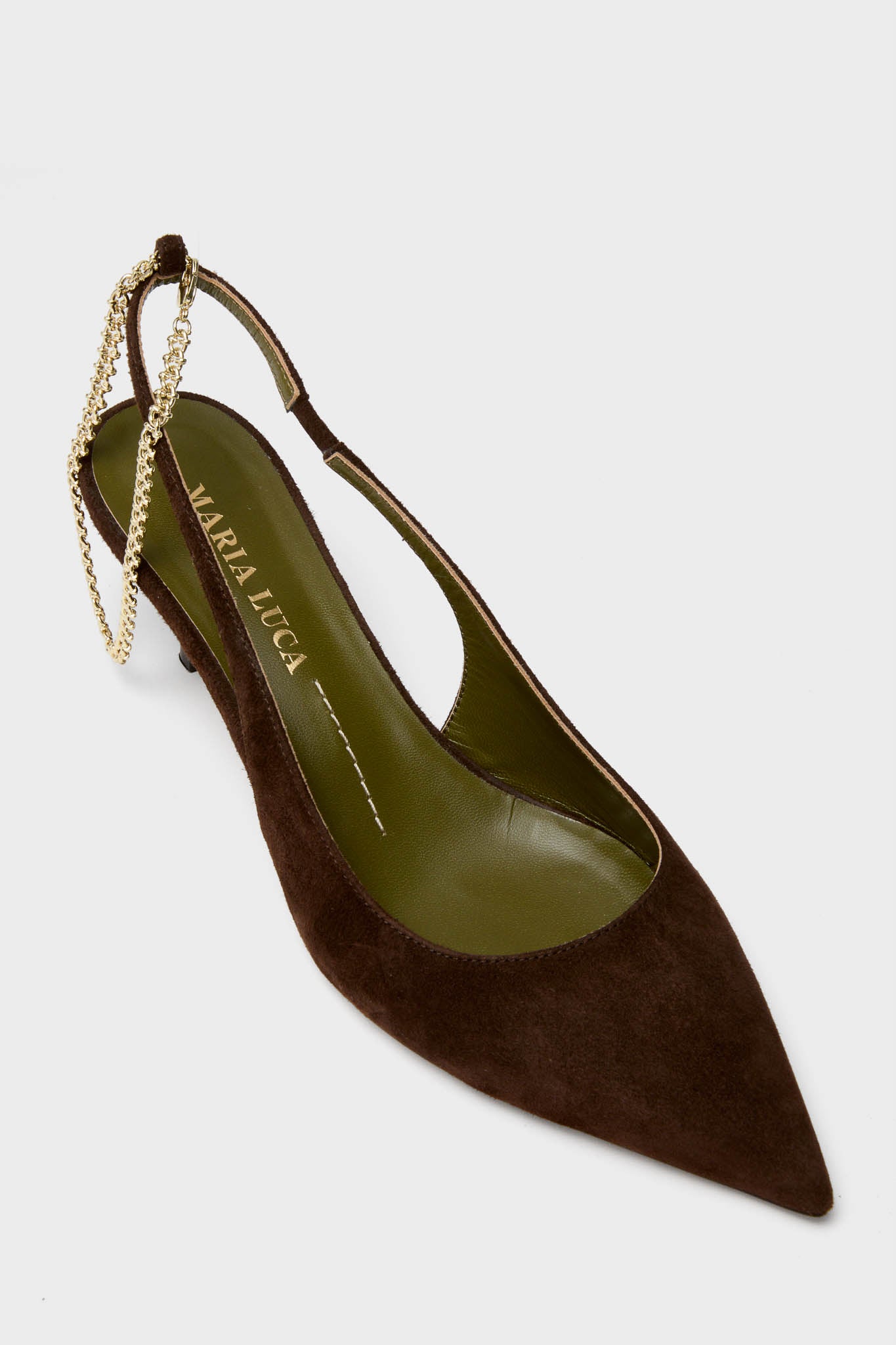 Dark Brown Felicia Slingback Heels featuring a classic pointed toe, effortless kitten heel, and fun removable gold-tone chain, embodying high-end elegance perfect for any occasion.