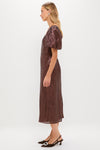 Bronze Metallic Plisse Gladys Puff Sleeve Midi Dress