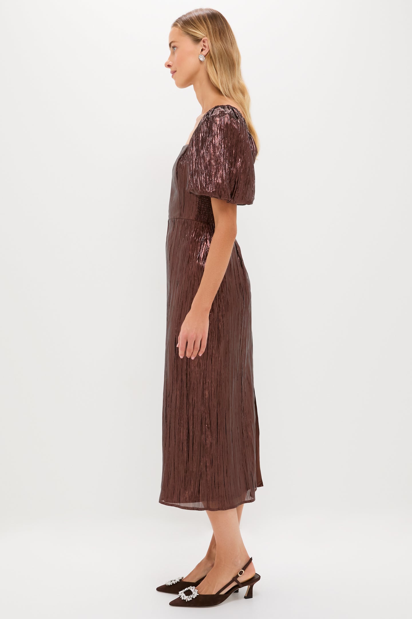 Bronze Metallic Plisse Gladys Puff Sleeve Midi Dress