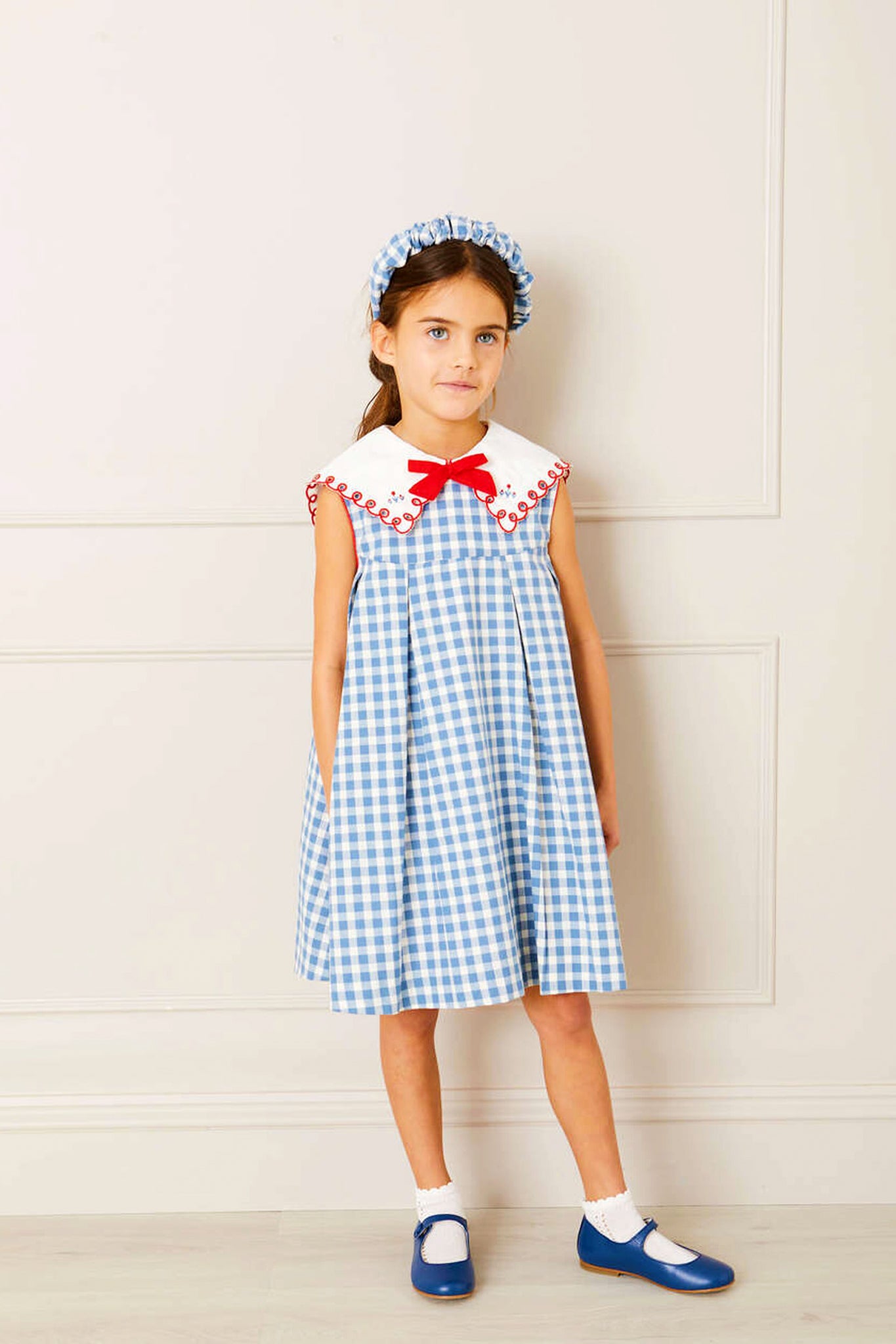 Embroidered Gingham Sleeveless Dress in Blue Embroidered Gingham Sleeveless Dress in Blue