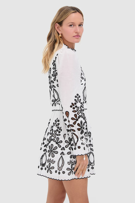 Black and White Embroidered Magda Mini Dress