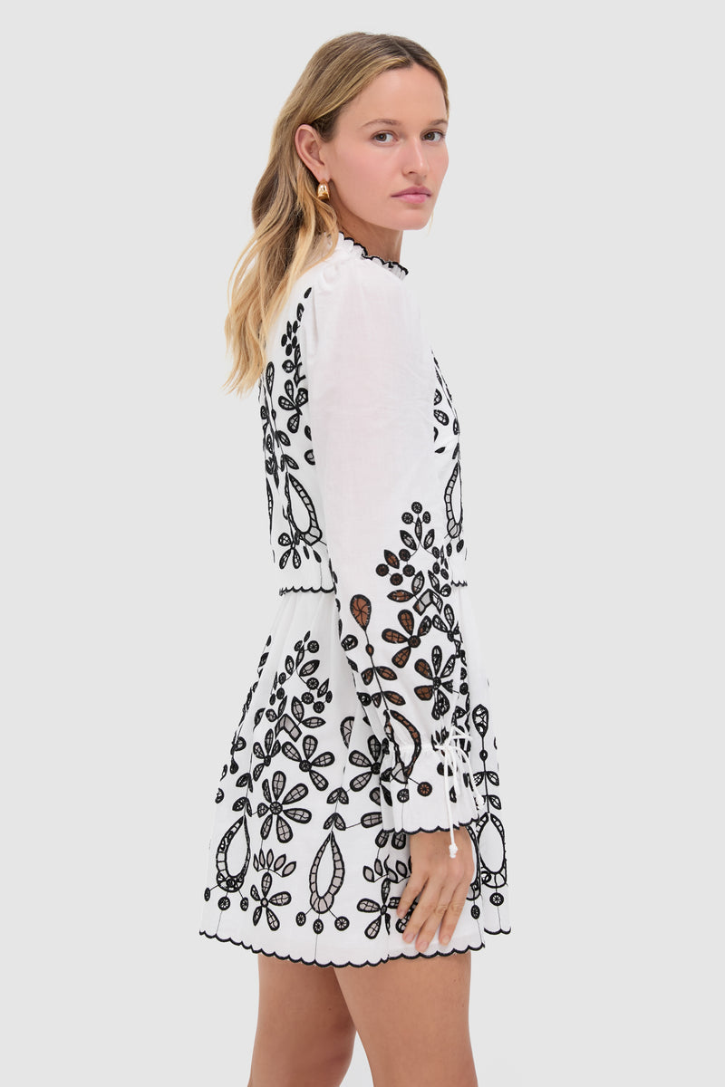 Black and White Embroidered Magda Mini Dress