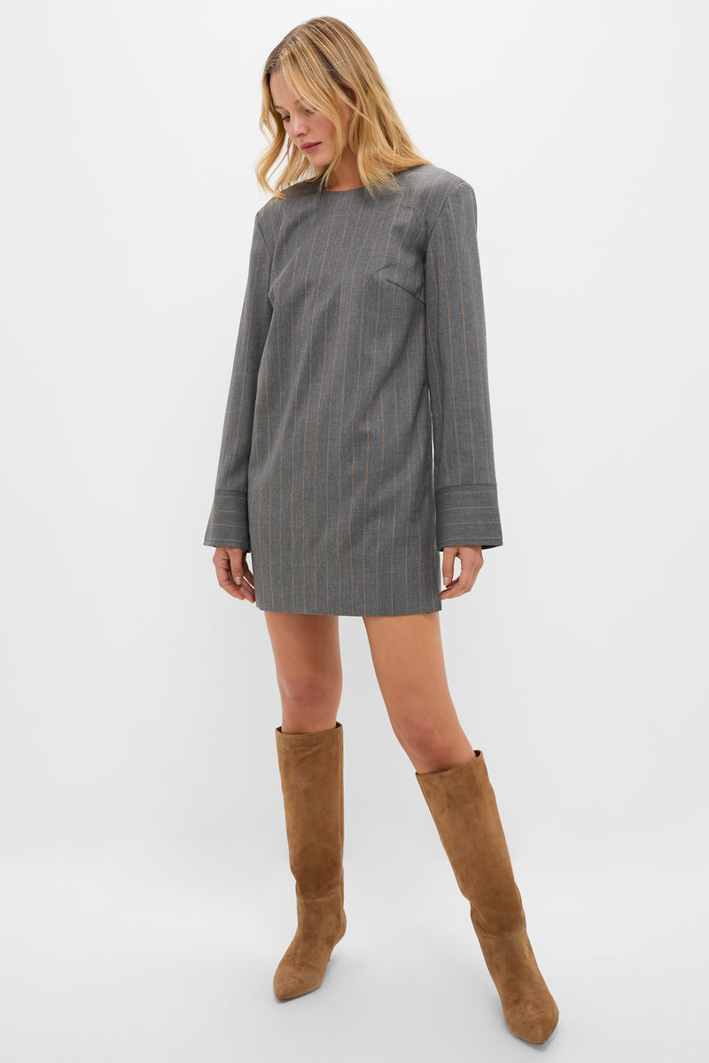 Pewter Brushed Wool Stripe Circle Collar Mini Dress