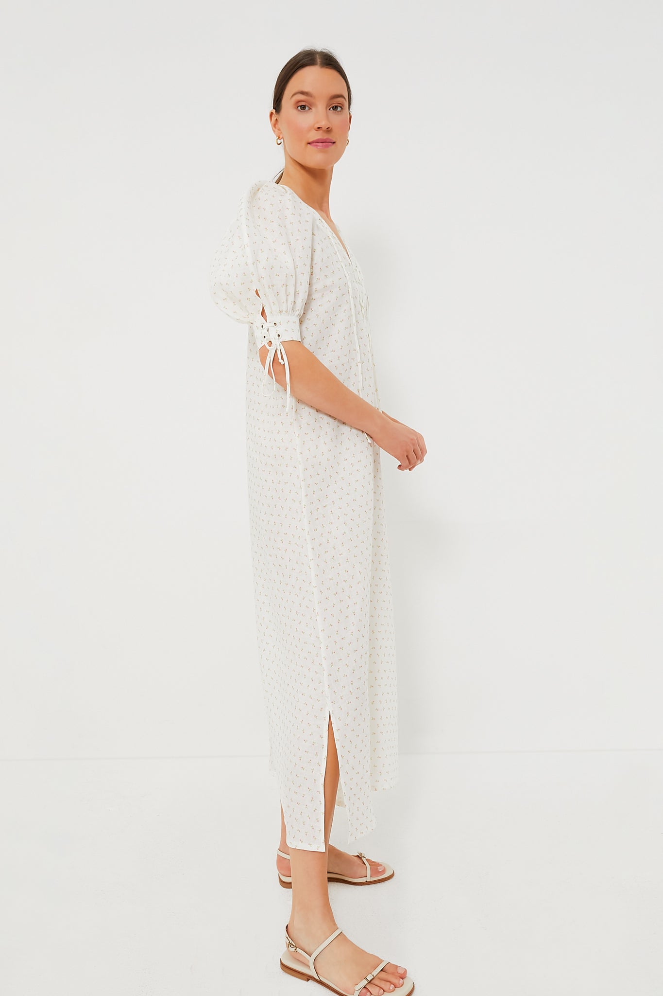 White and Pink Rose Garden Linen Dress