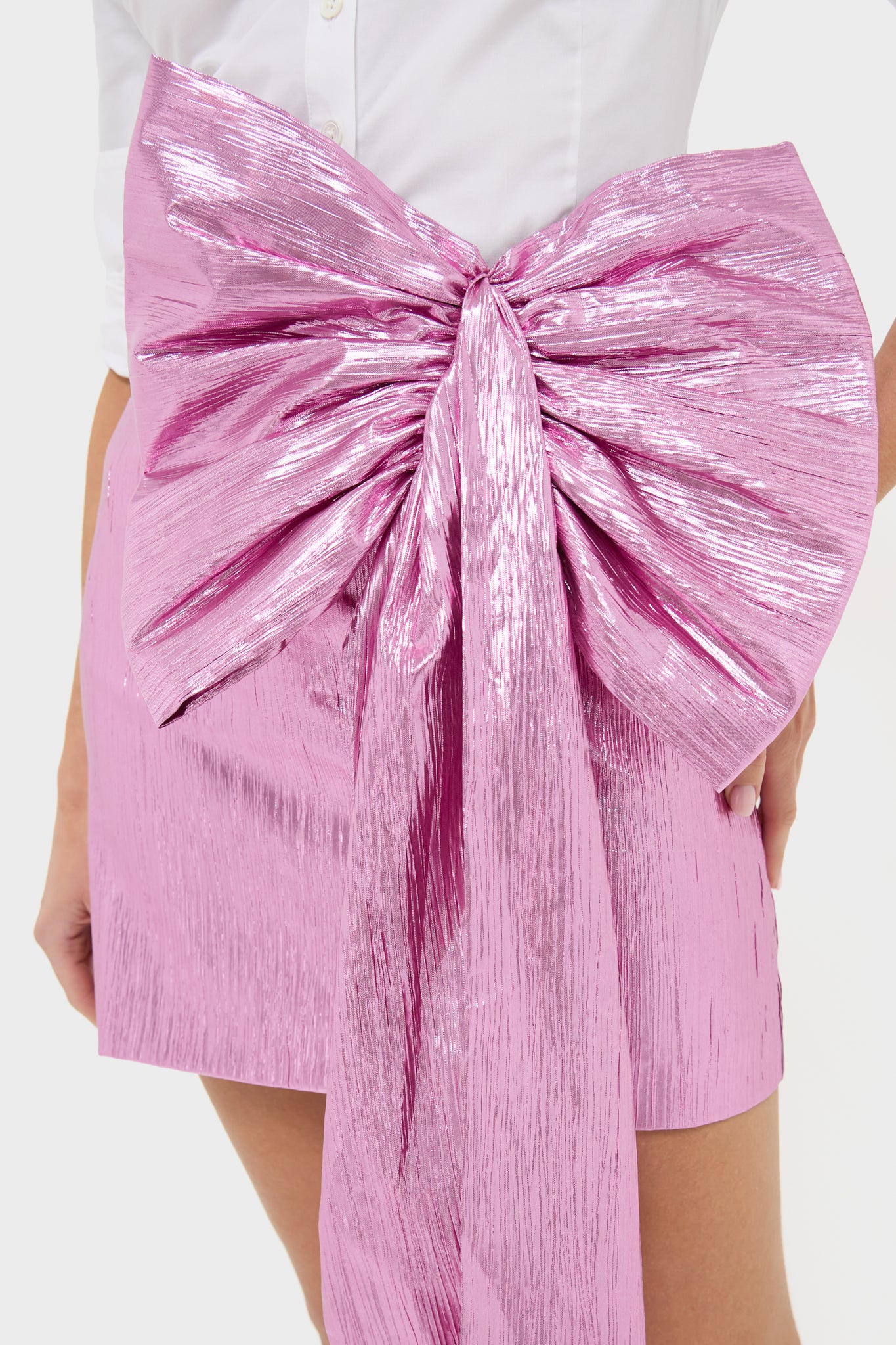 Pink Metallic Plisse Brenna Bow Mini Skirt