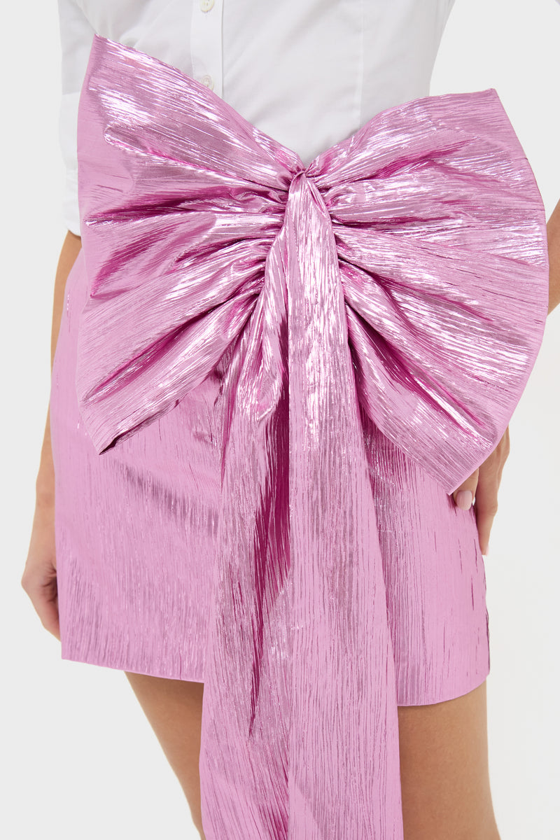 Pink Metallic Plisse Brenna Bow Mini Skirt