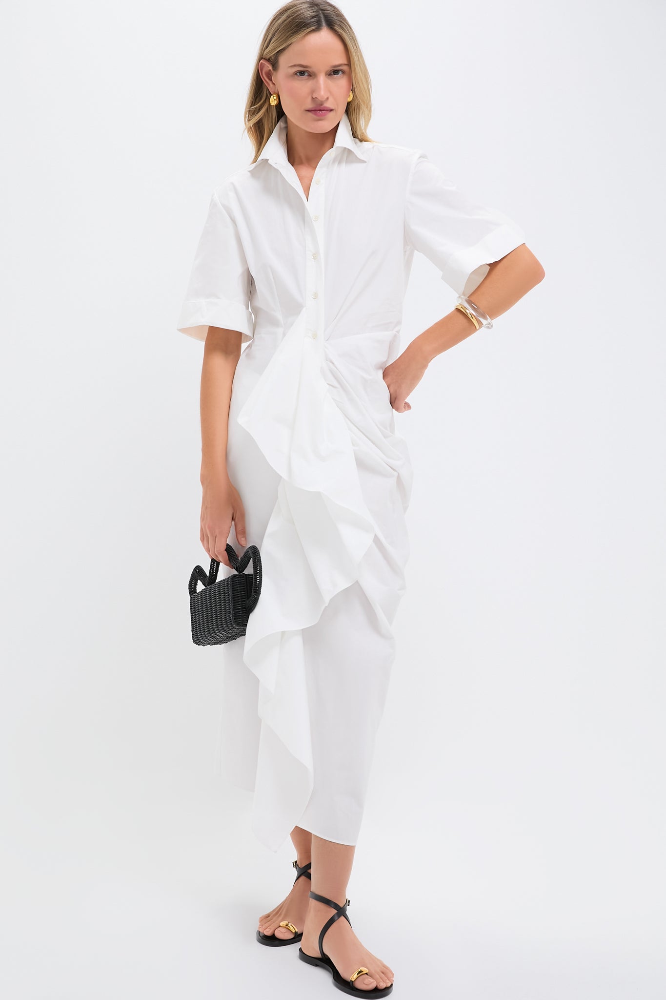 White Gathered Ruffle Shirt Dress