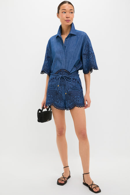 Railway Blue Coco Embroidered Denim Shirt