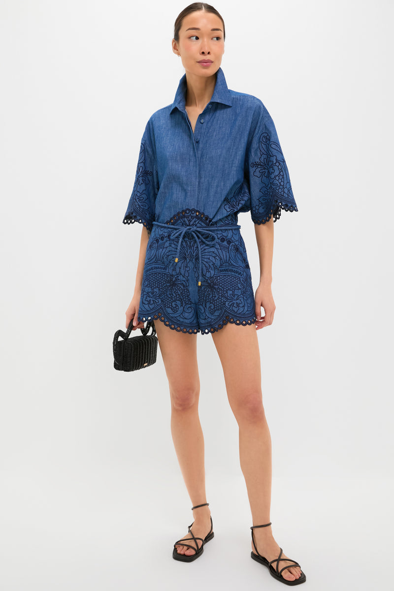 Railway Blue Coco Embroidered Denim Shirt