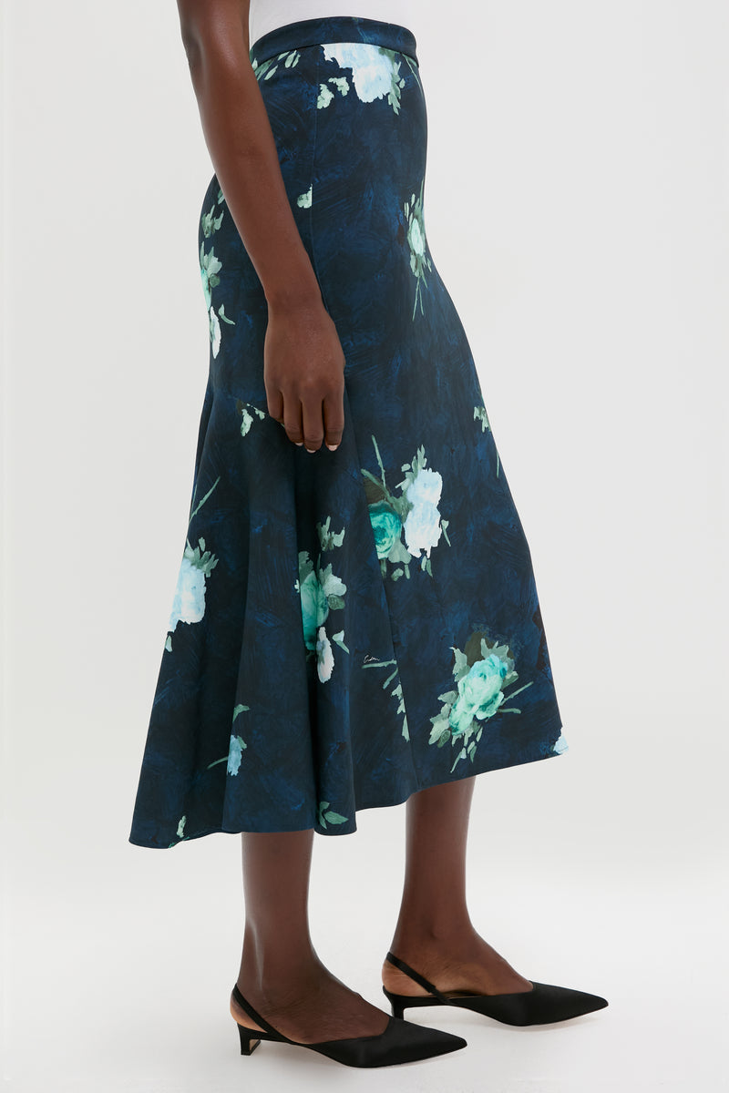 Abstract Rose Navy Fluted Midi Skirt