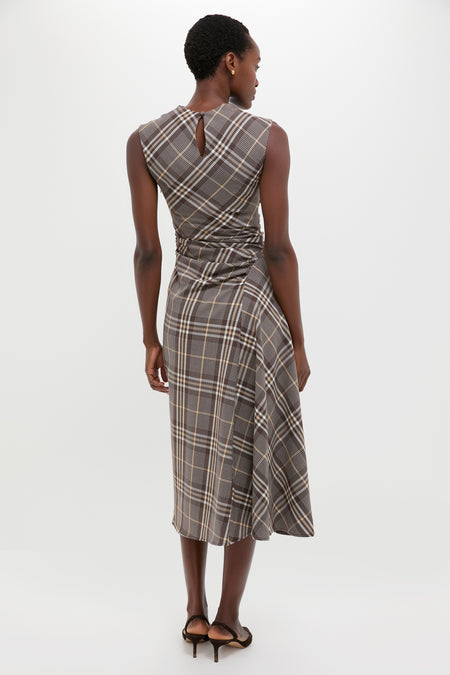 Chocolate Plaid Burke Sleeveless Draped Midi Dress