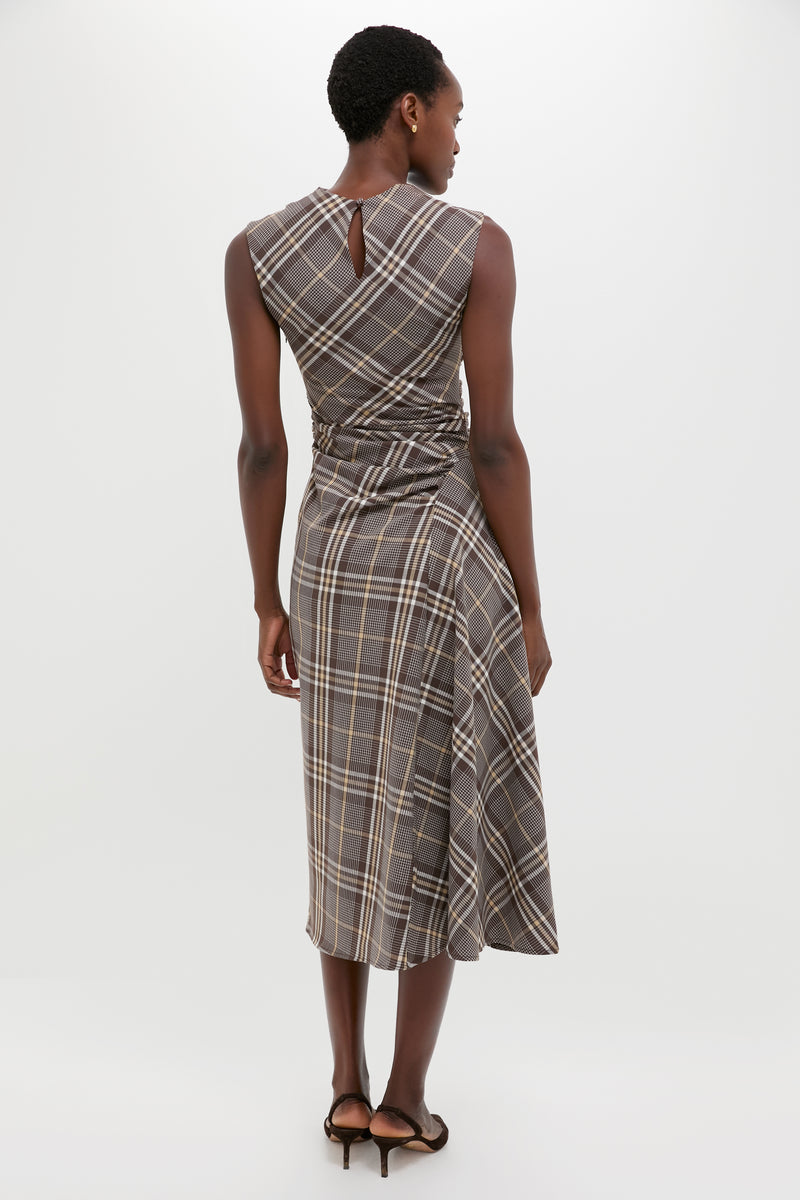 Chocolate Plaid Burke Sleeveless Draped Midi Dress
