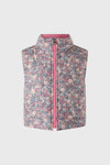 Sleeveless floral padded gilet by Rachel Riley with a front zipper, high collar, and pink inner lining.