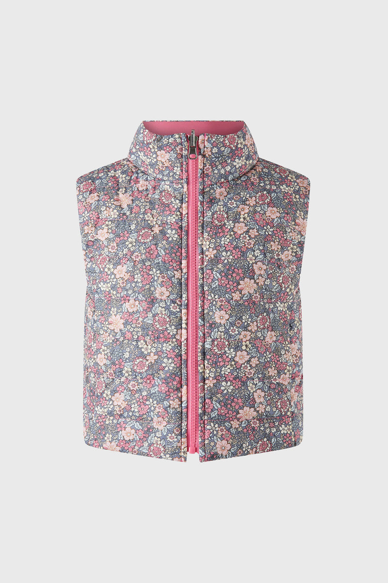 Sleeveless floral padded gilet by Rachel Riley with a front zipper, high collar, and pink inner lining.