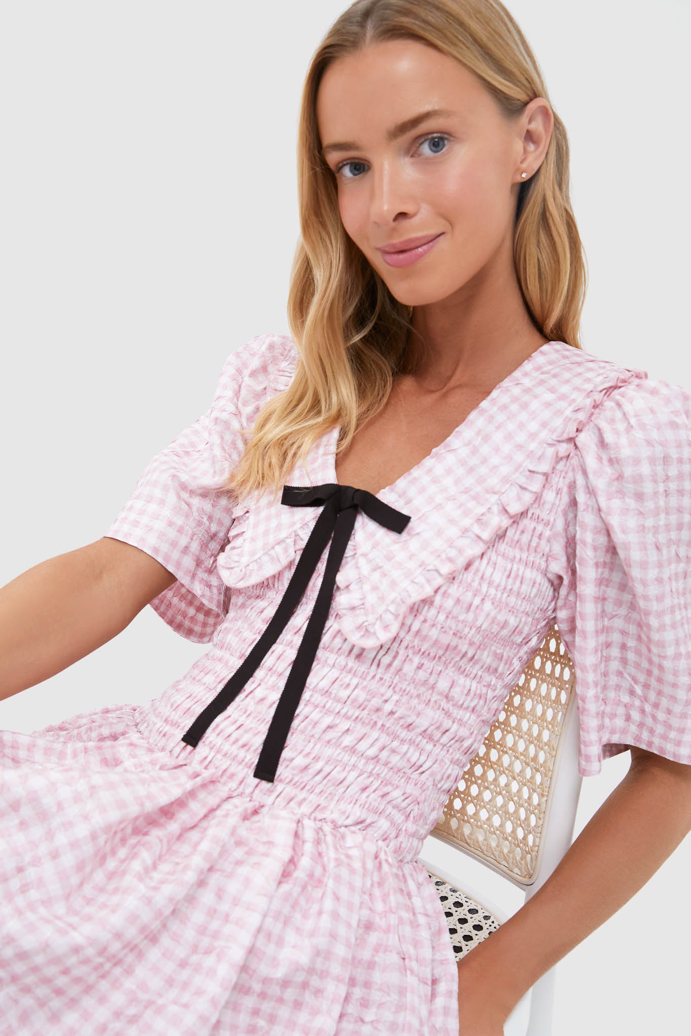 Bleached Mauve Shibori Pleat Mini Smock Bubble Dress