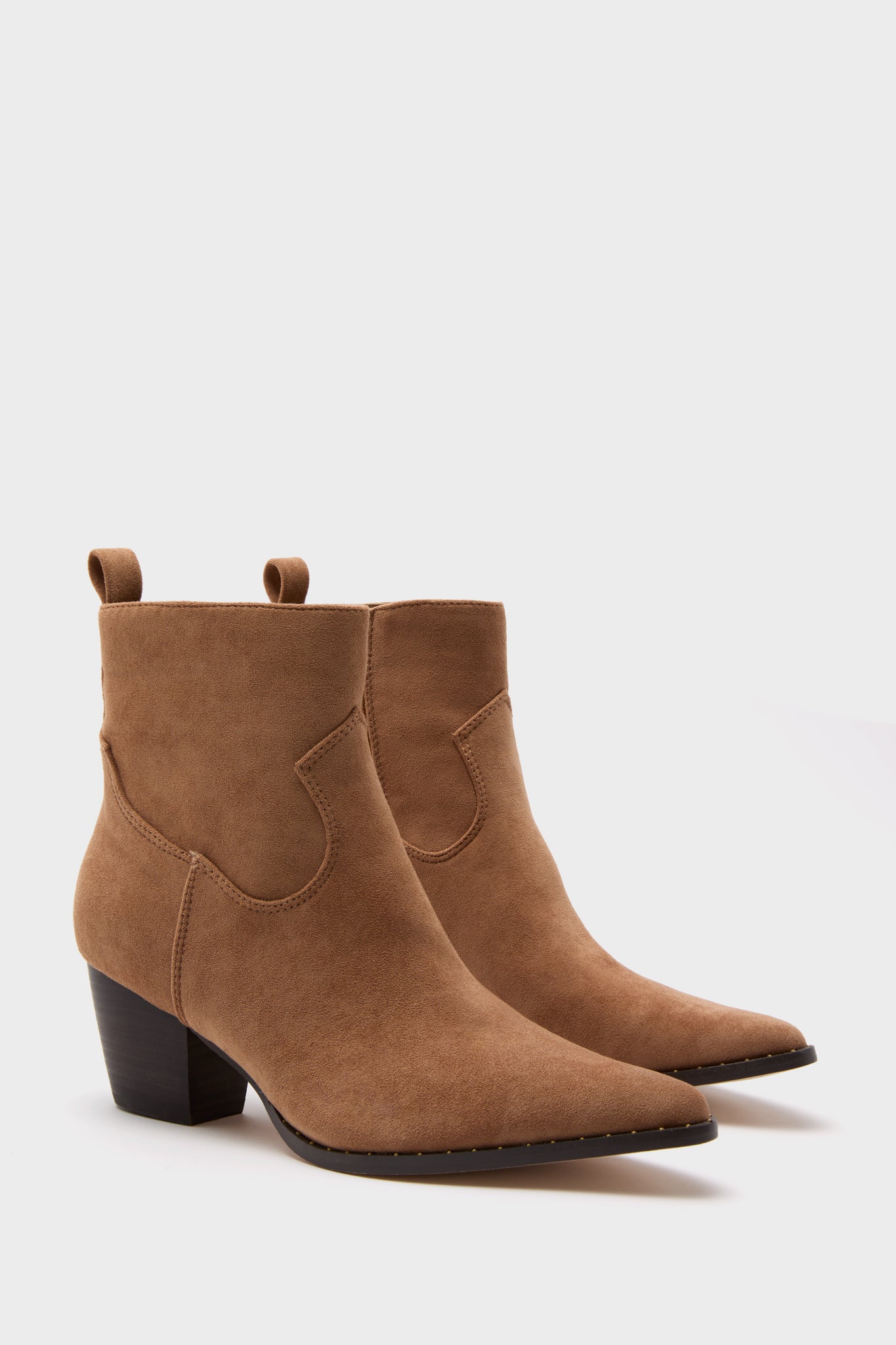 A pair of tan suede Matisse booties with pointed toes, block heels, pull tabs, and subtle Western-style stitching, displayed on a white background.