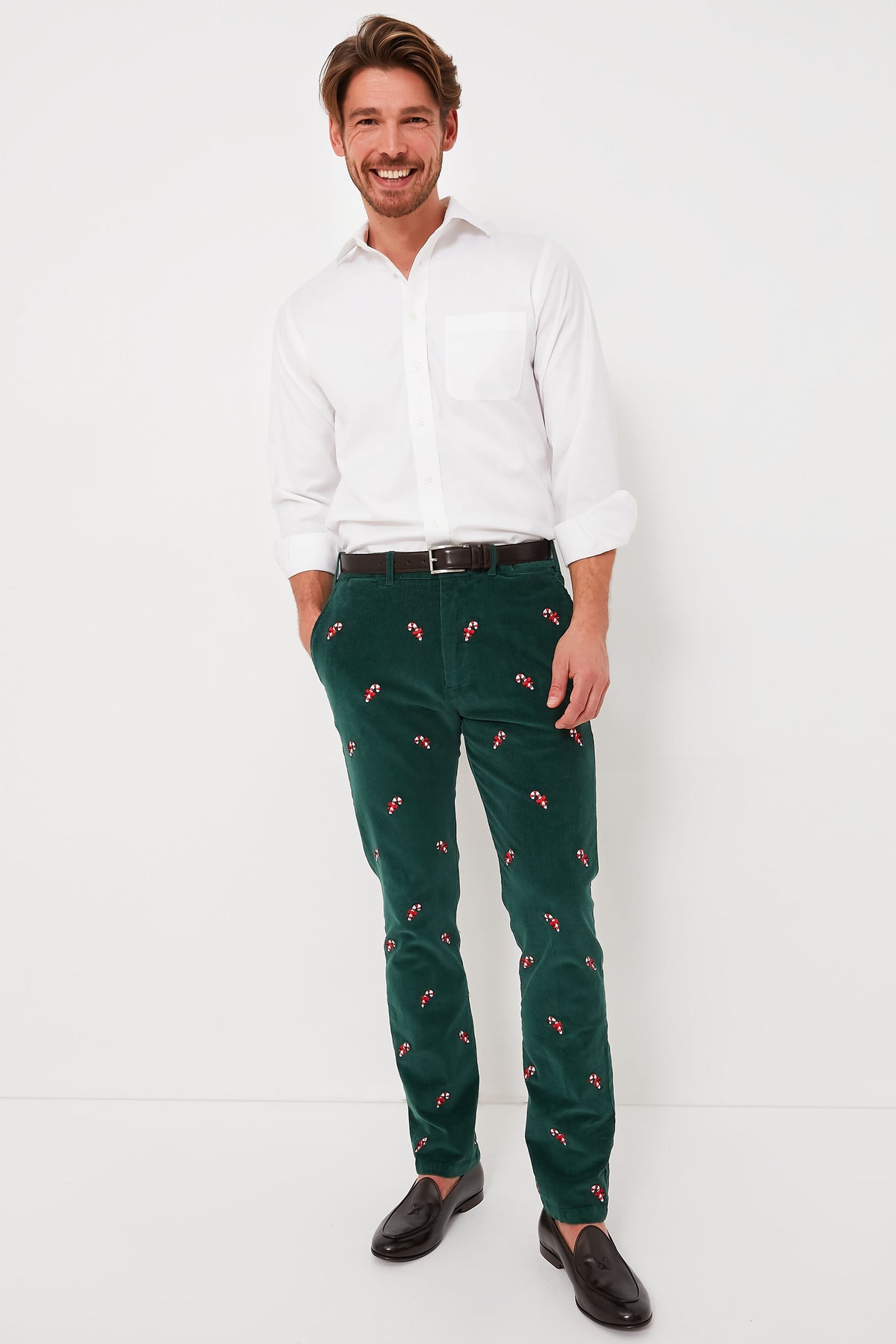 Hunter Green Candy Cane Embroidered Corduroy Pants (34" Inseam)