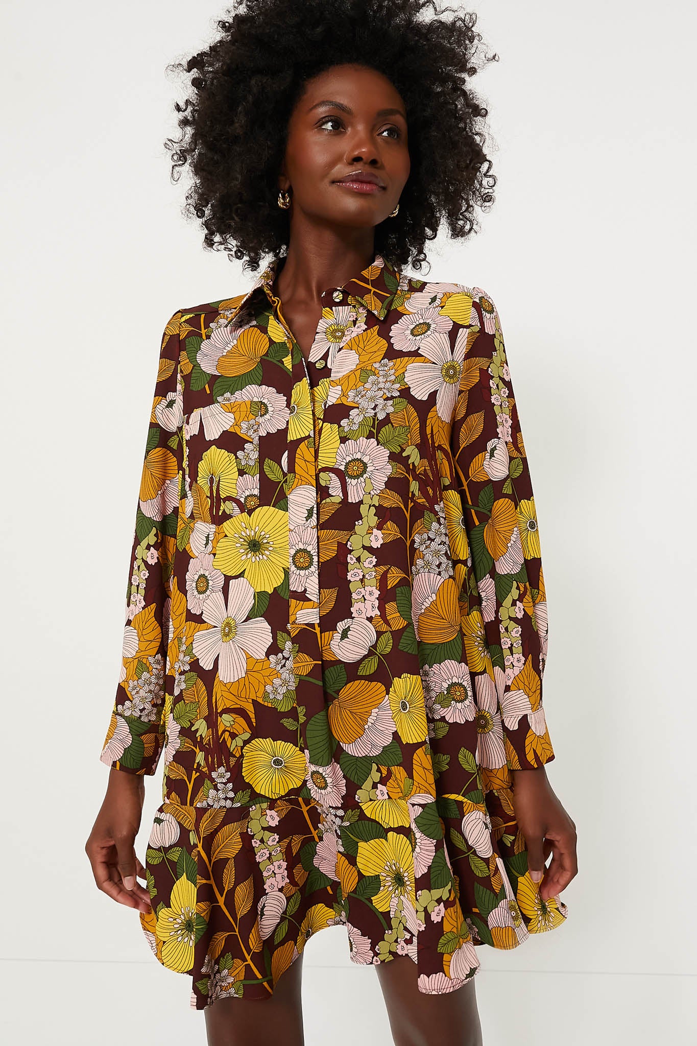 Yellow floral fashion shirt dress