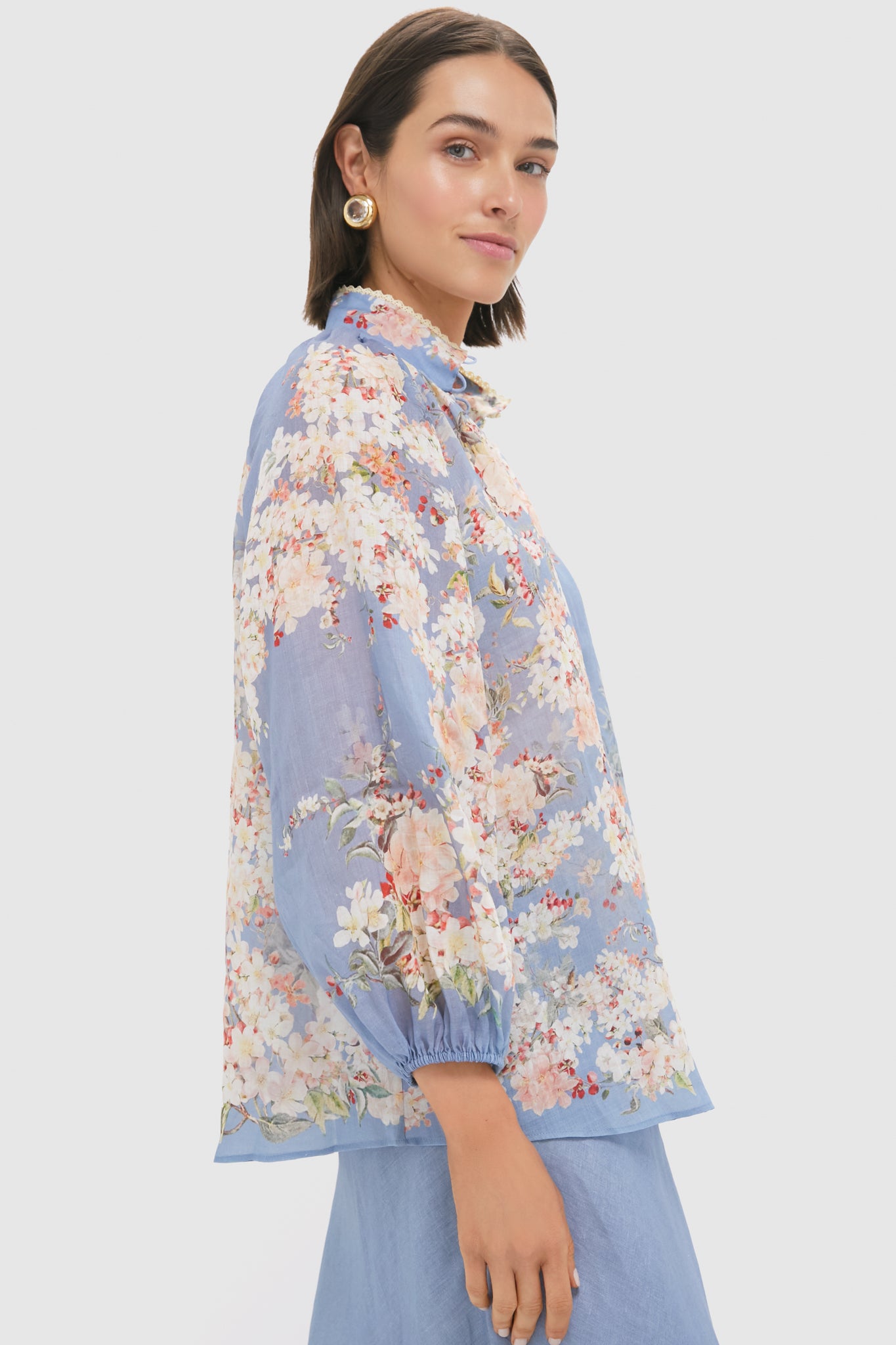 Teal Blue Botanical Floral Cascadian Billow Blouse