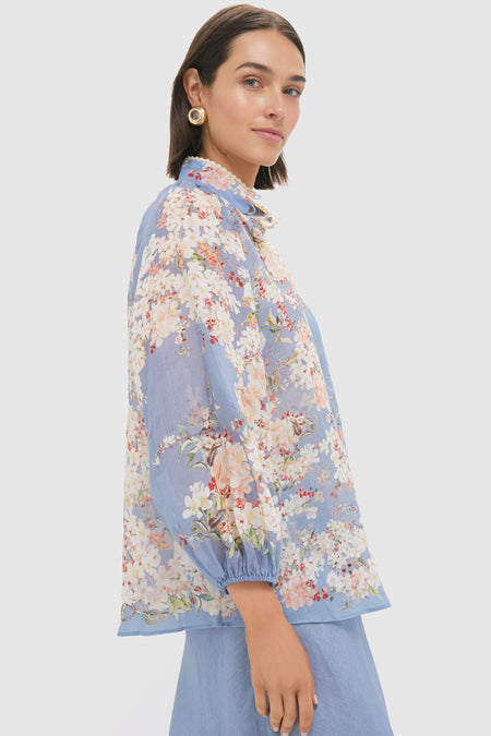 Teal Blue Botanical Floral Cascadian Billow Blouse
