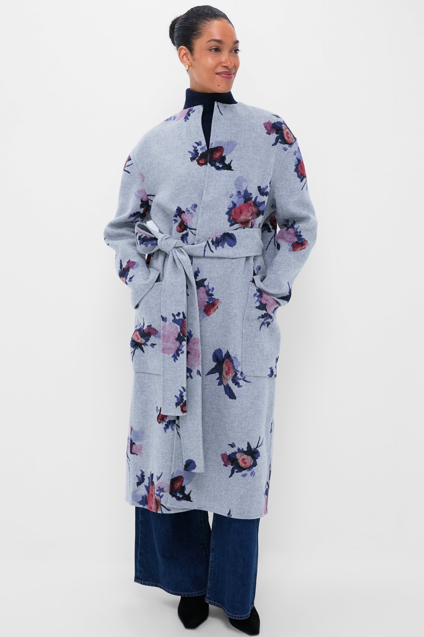 Painted Rose Grey Melange Oversize Belted Coat | ERDEM