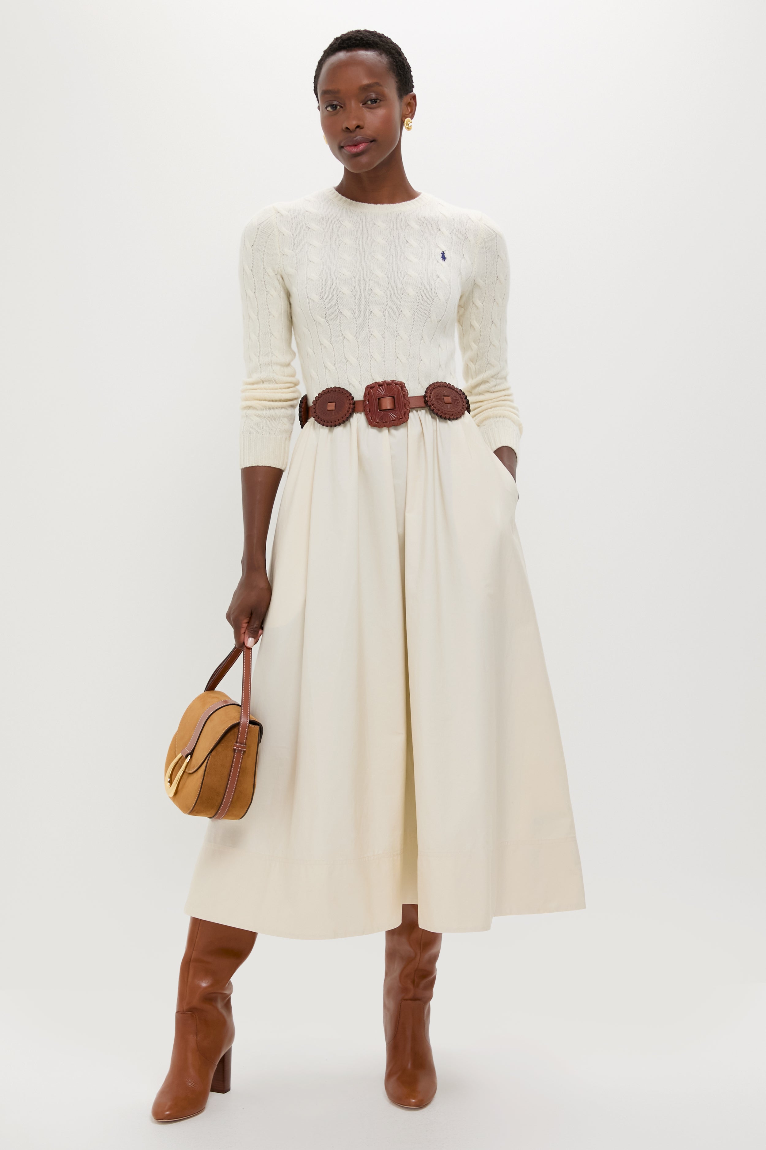 Authentic Cream Crewneck Long Sleeve Fit and Flare Dress | Polo