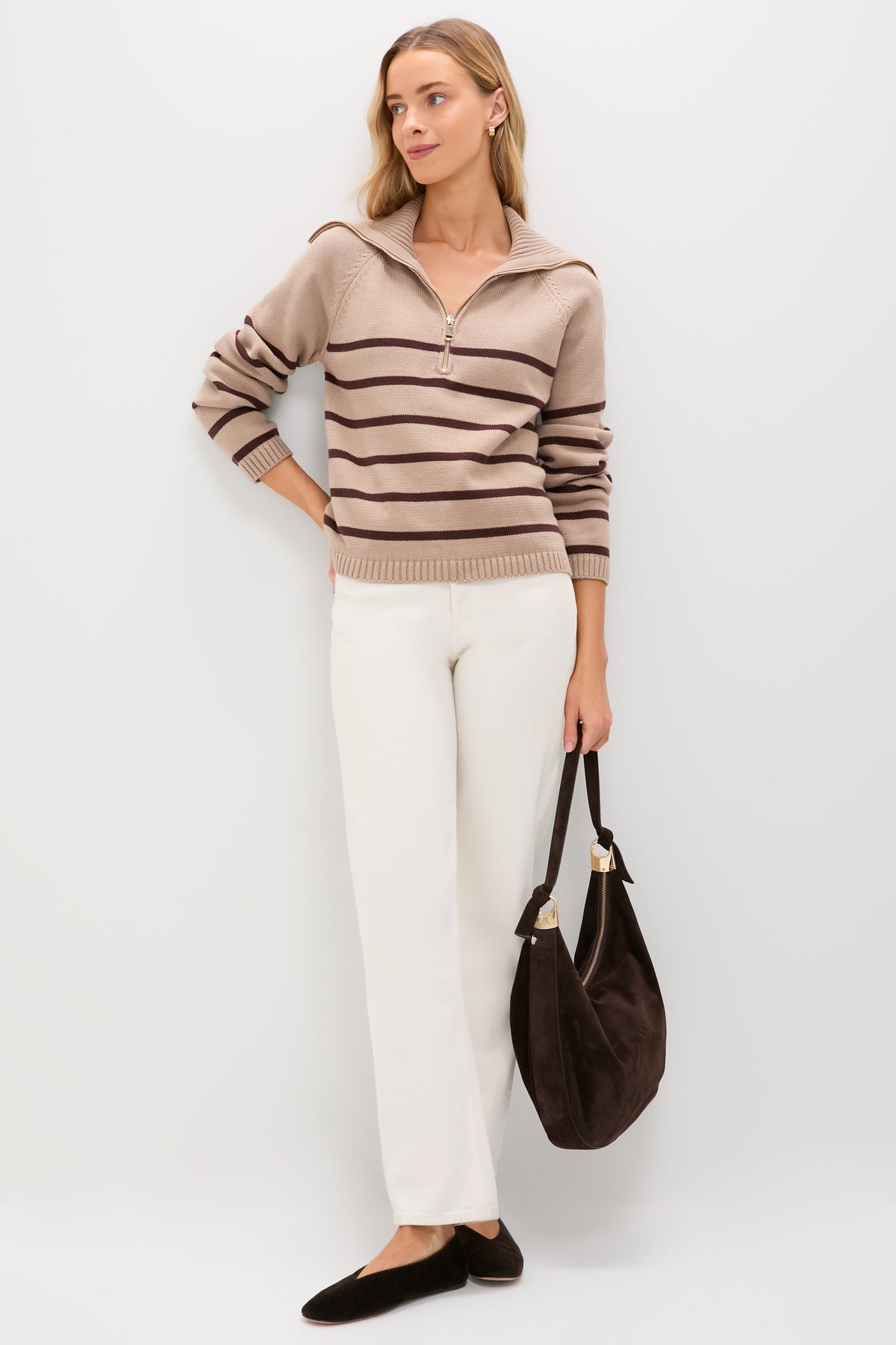 Tan & Brown Stripe Jasper Quarter Zip Sweater