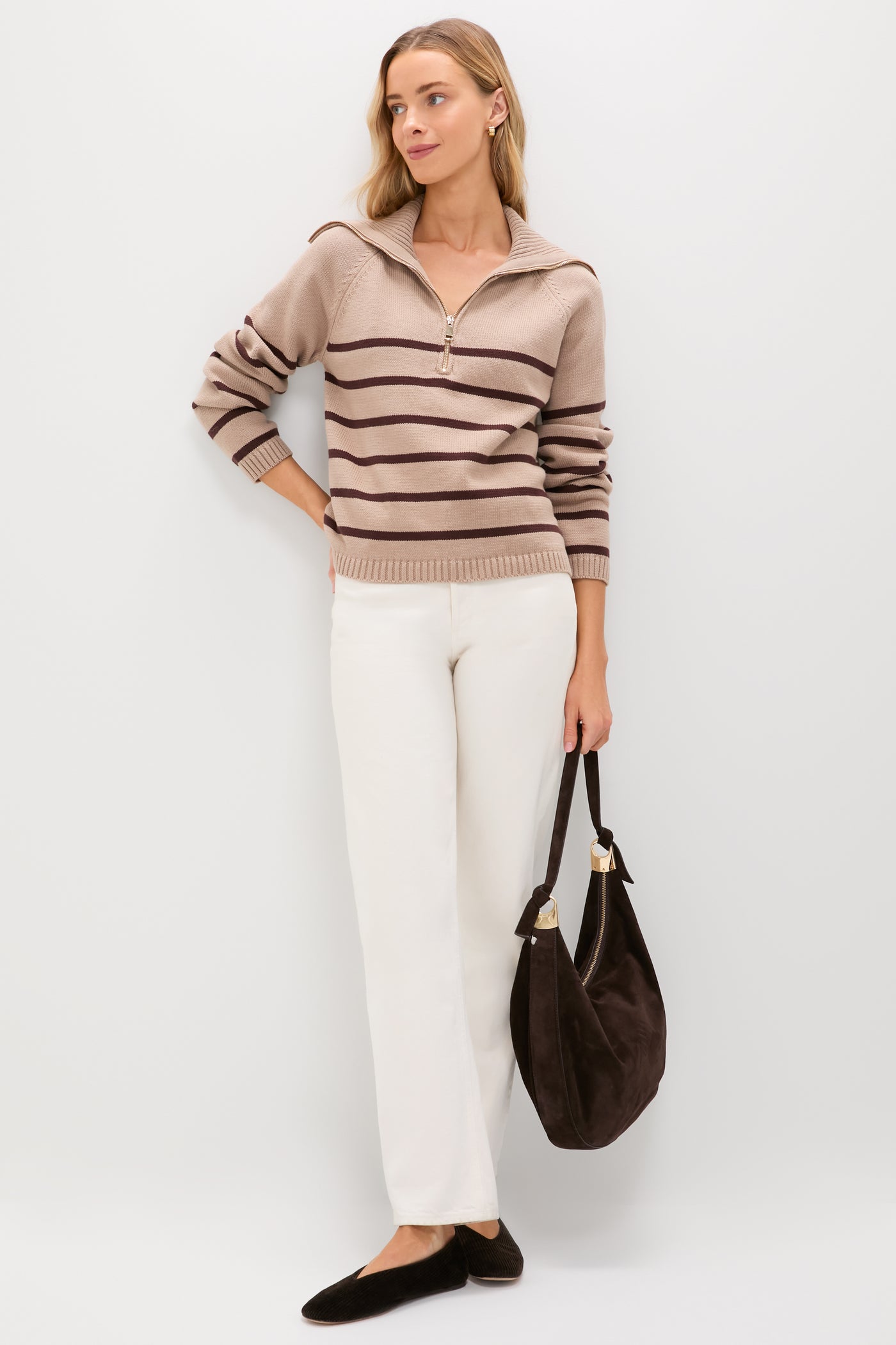 Tan & Brown Stripe Jasper Quarter Zip Sweater