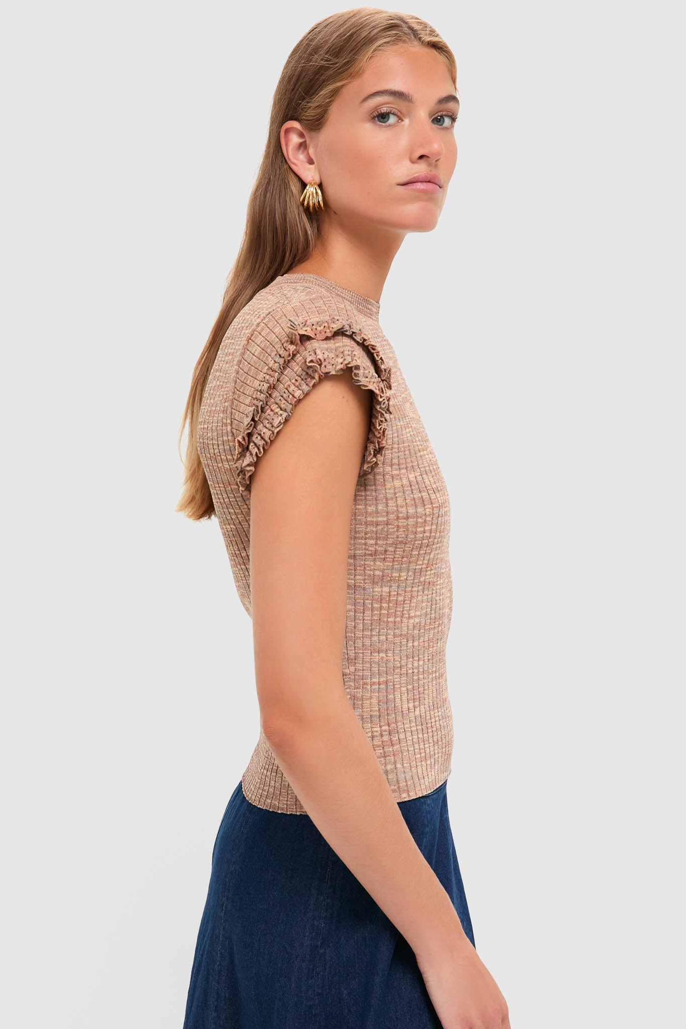Brown Rowe Crewneck Flutter Sleeve Knit Top