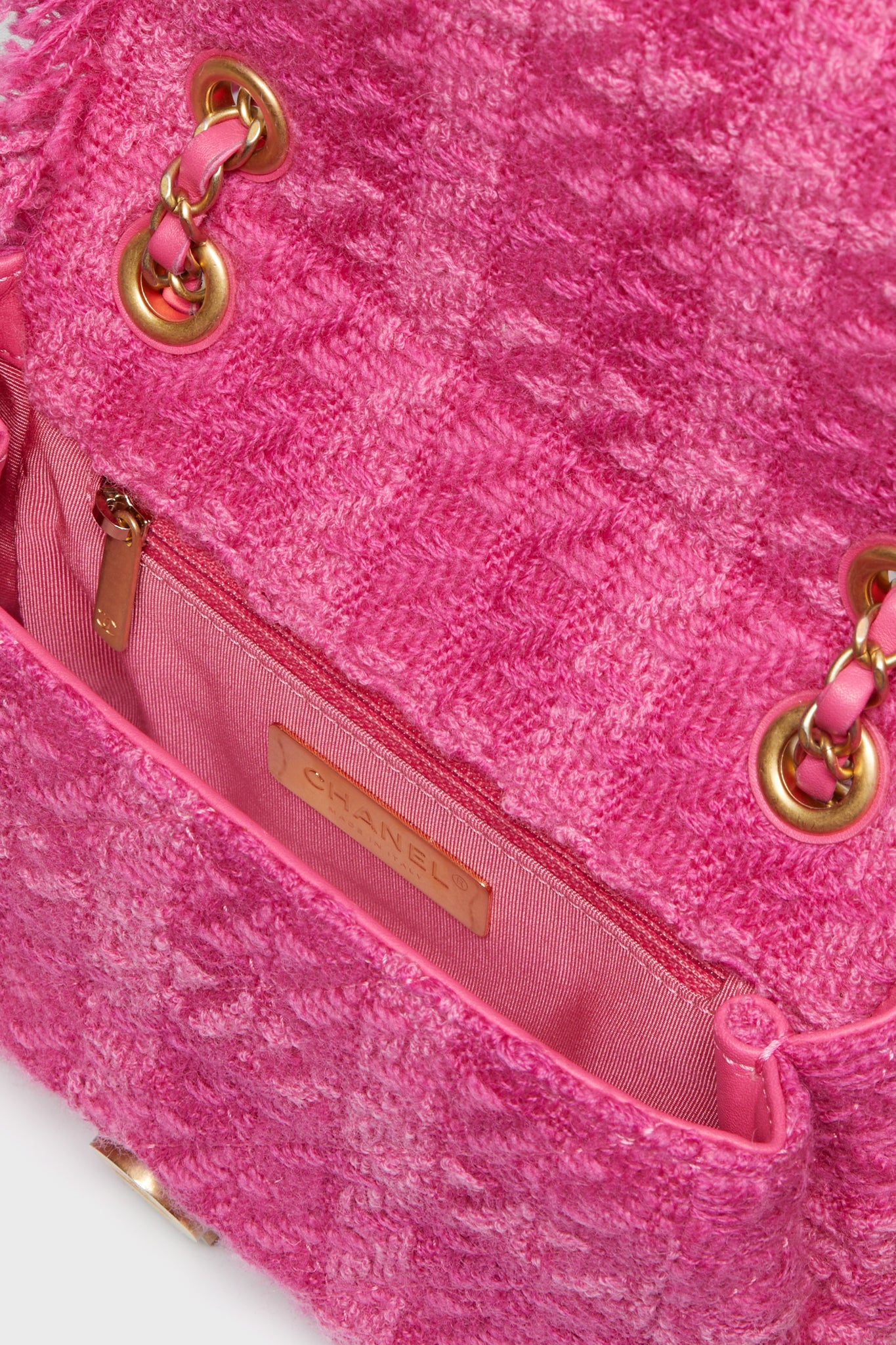CHANEL Pink Logo Tweed Shoulder Bag